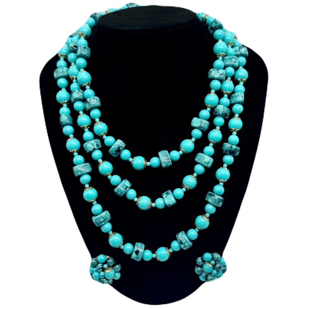 Elegant 53” Turquoise Beaded Necklace and Earring Set w Gold Accents, Vintage